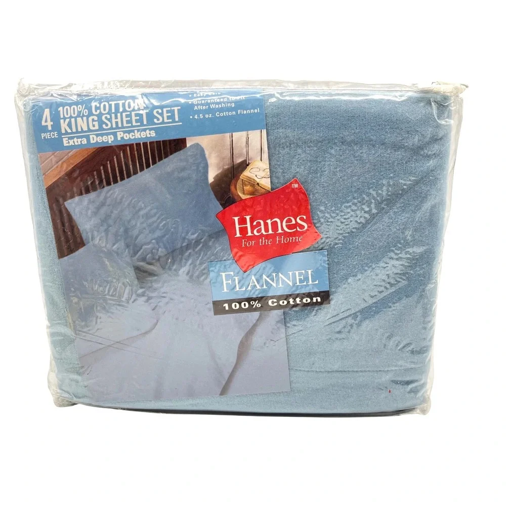 Hanes 2001 King Sheet Set 100% Cotton Flannel Blue Extra Deep Pockets NEW